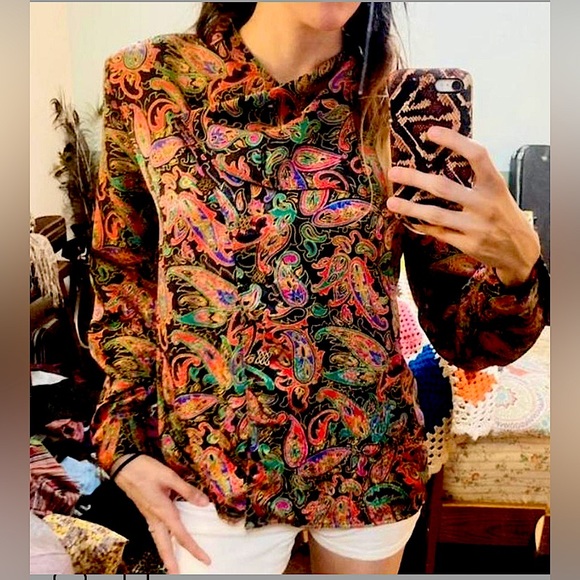Vintage 80s Black and Rainbow Psychedelic Paisley Blouse Top - Picture 5 of 7